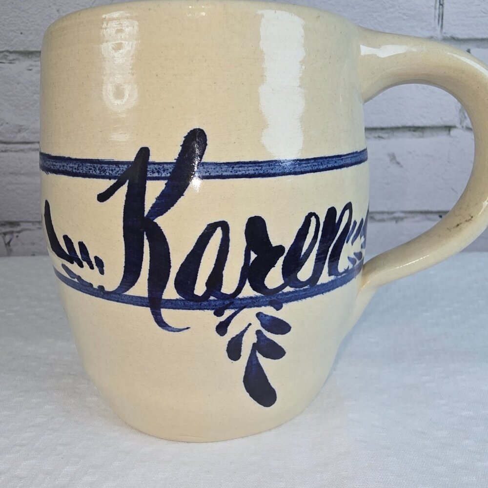 MARSHALL POTTERY KAREN MUG NATURAL CLAY COLOR WITH BLUE GLAZE DETAILS